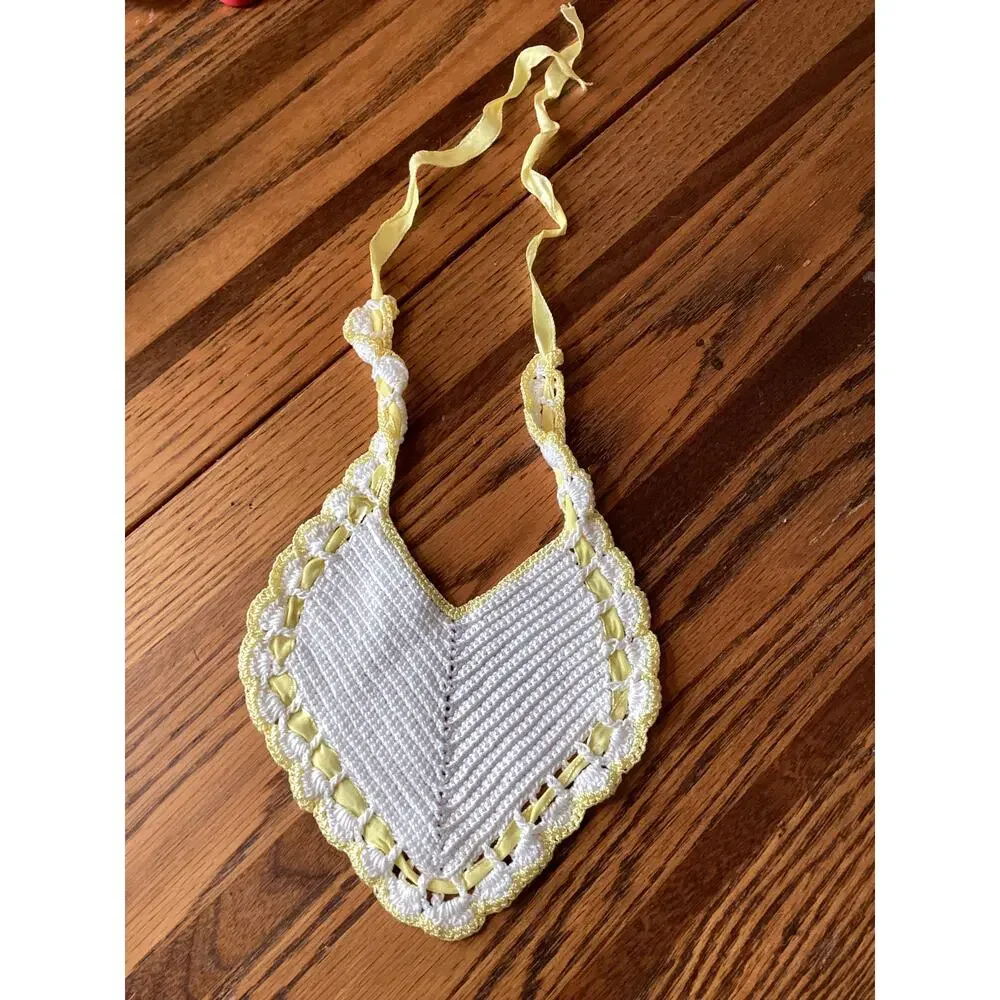 Handmade Vintage Crochet Baby Bib Yellow Ribbon Trim Infant Size Diamond Shape